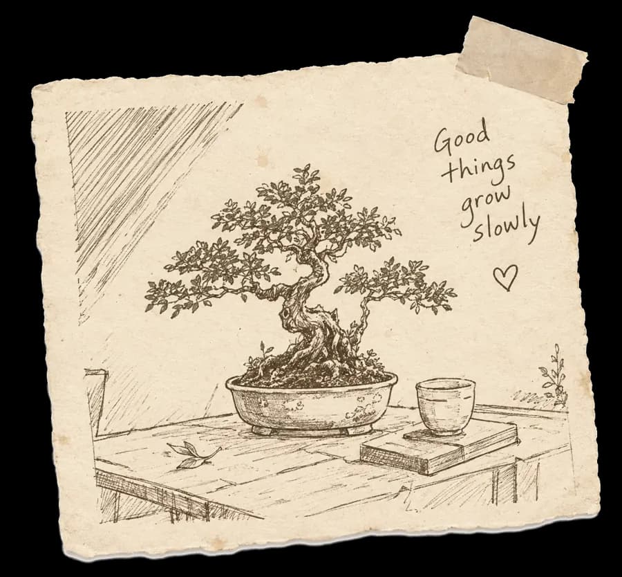 A pencil sketch of a potted tree on a table beside a cup and a book, on a taped slip of paper that reads: good things grow slowly